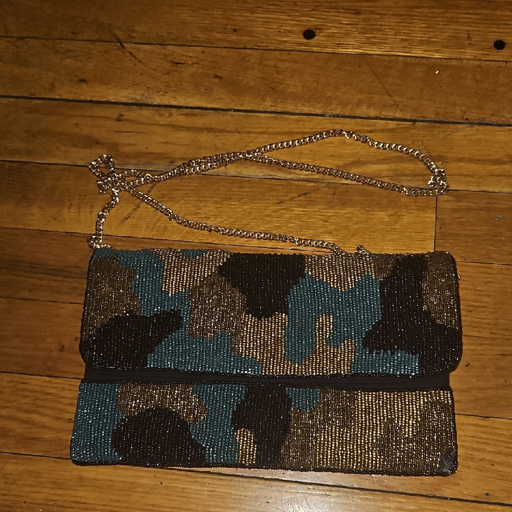 Beaded Camouflage Fold-Over Crossbody Clutch - Teal and Black